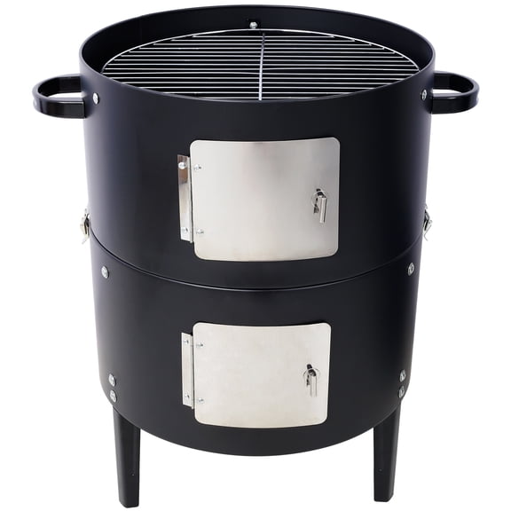 17 Inch Steel Charcoal Smoker Heavy Duty Round BBQ Grill with Thermometer Dual Access Doors for Outdoor Cooking Black