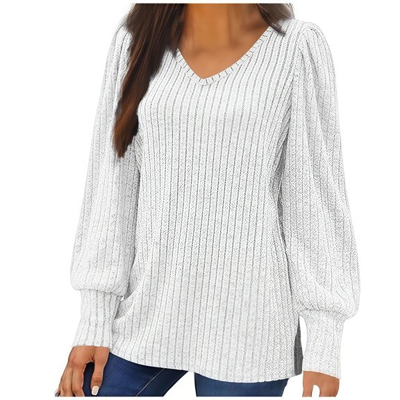 Women's Oversized Knit Thin Puff Sleeve Long Sleeve Loose Comfortable T-Shirt Top