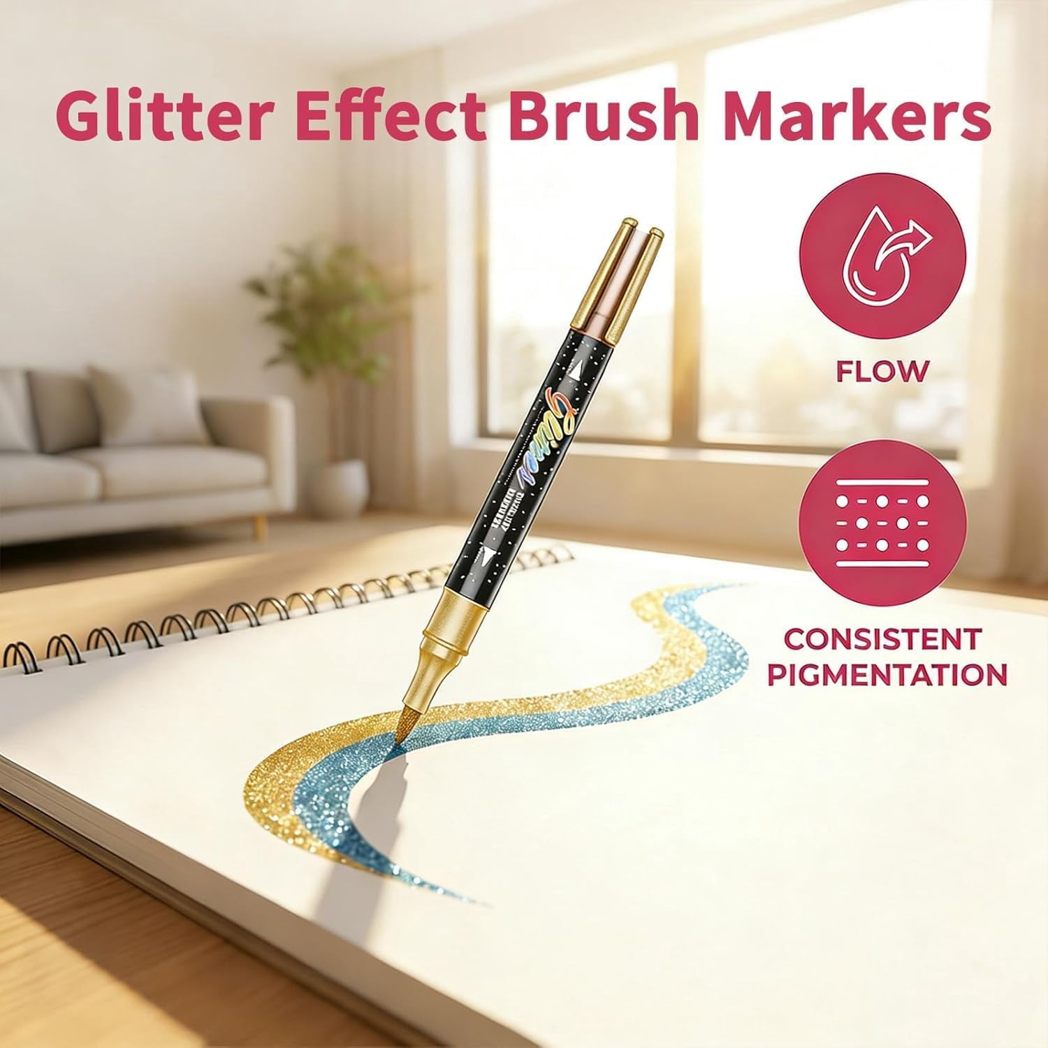 2026 New 24/48/72/96 Colors Glitter Effect Brush Markers, Dual Tip Metallic Shimmer Pens Set, Soft Brush & Fine Tip, Smooth Ink Flow for Coloring, Journaling & Cards
