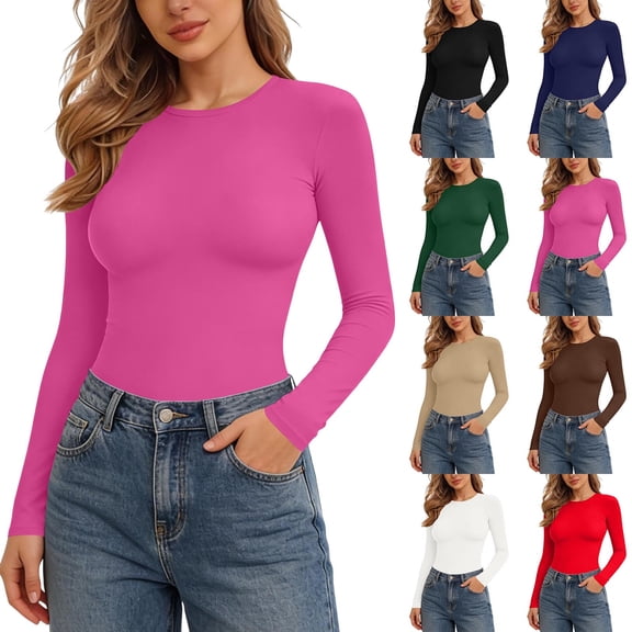 T-shirts for Women Slim Fitted Crewneck Long Sleeve Tight Base Tees Solid Color Casual Spring Going Out Tops (XS, Hot Pink)