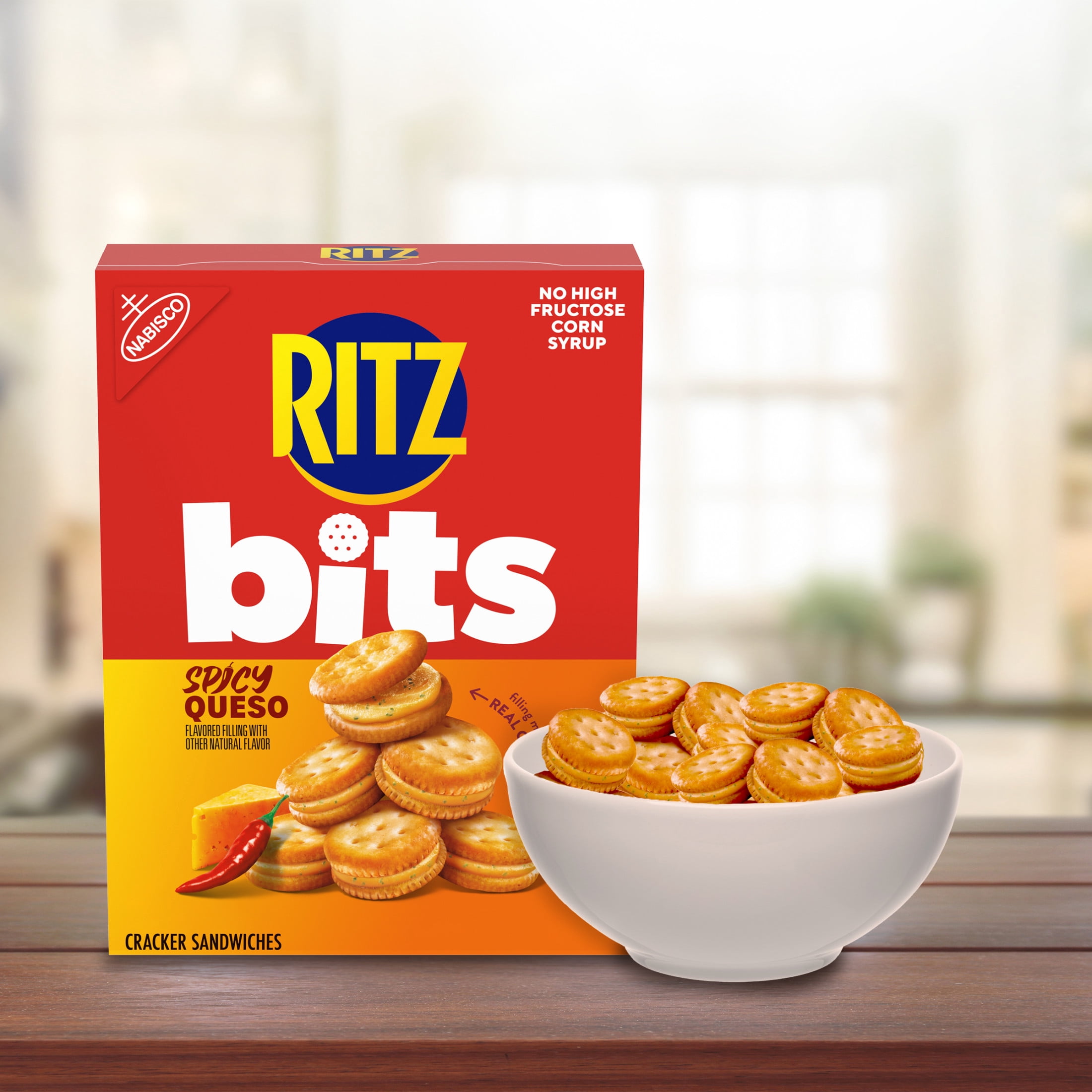 RITZ Bits Spicy Queso Cheese Sandwich Crackers, Snacks for Kids and Adults, Lunch Snacks, 8.8 oz