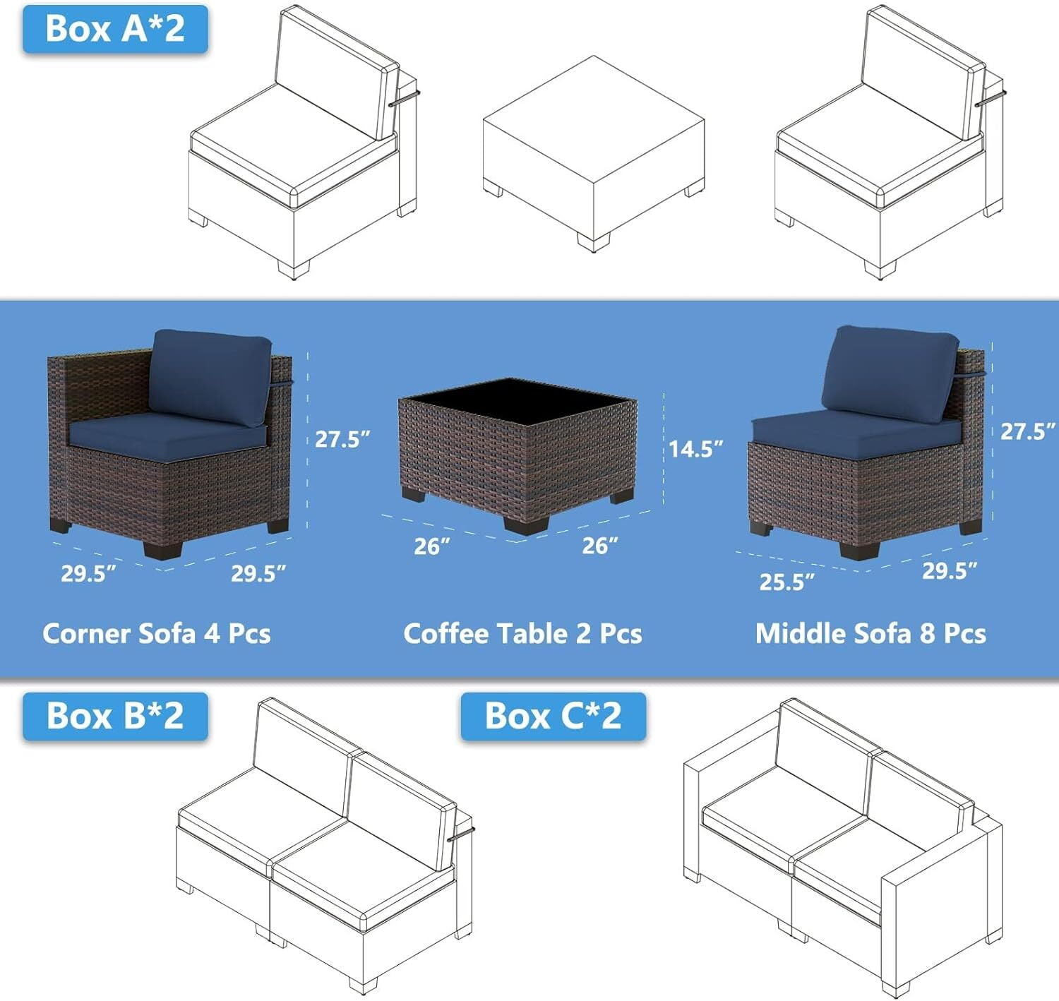 ASJMR 14 Pieces PE Rattan Patio Furniture Conversation Set Outdoor All-Weather Sectional Sofa Set For Garden Backyard,Navy