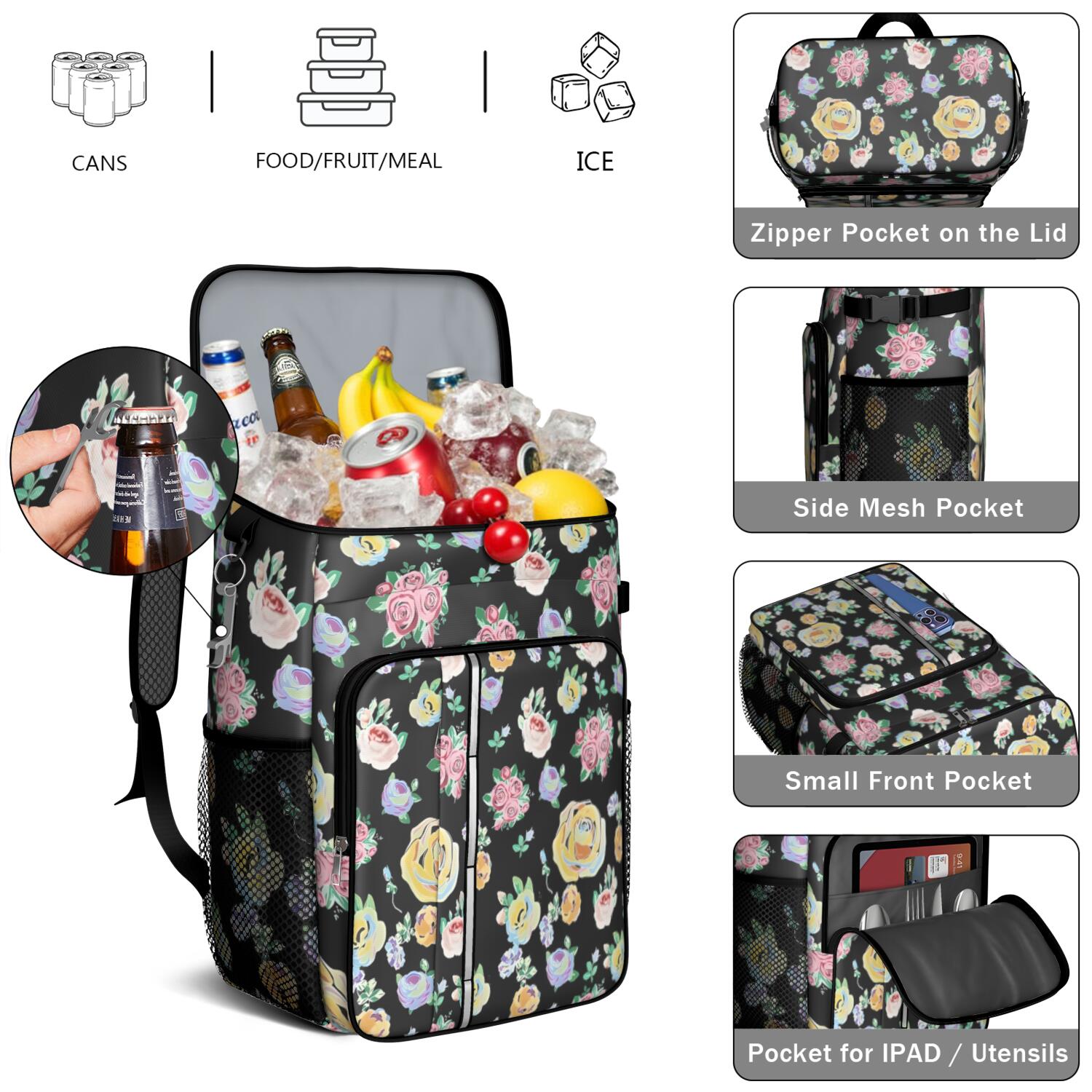 Travel Cooler Bag - Pioneer Flower Floral Print Pattern Camping Beer Cooler Backpack with Bottle Opener- Waterproof Insulated Picnic Backpacks - Cooler Bag for Beach