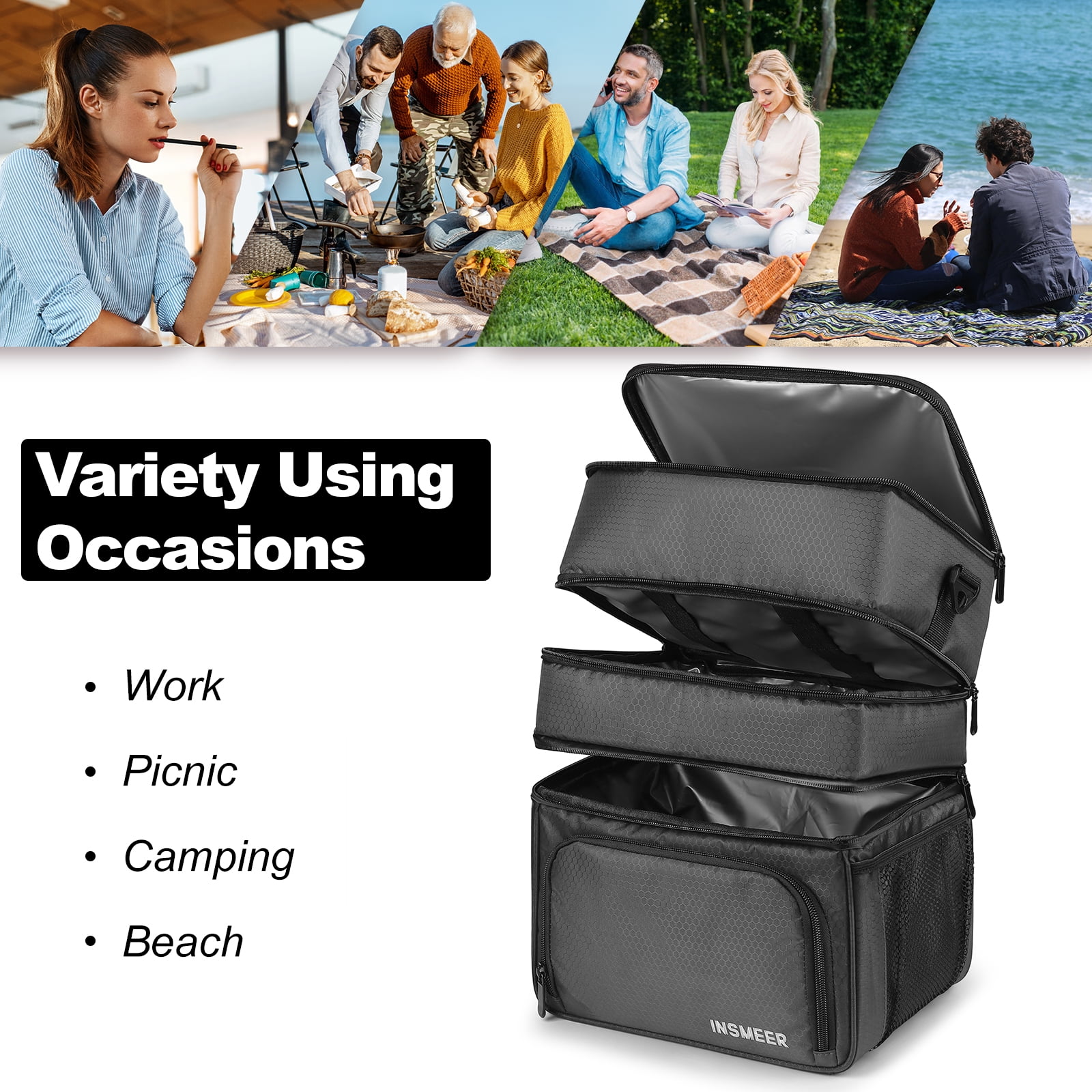 INSMEER Insulated 21 Qt Lunch Bag for Men, Leakproof with 3 Compartments, for Work, Beach, Picnic
