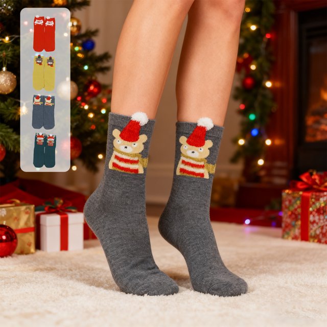 Calcetines de Navidad - Calcetines de media pantorrilla con estampado de dibujos animados para mujeres y hombres, calcetines de invierno calientes, mezcla de nylon y licra, calcetines navideños