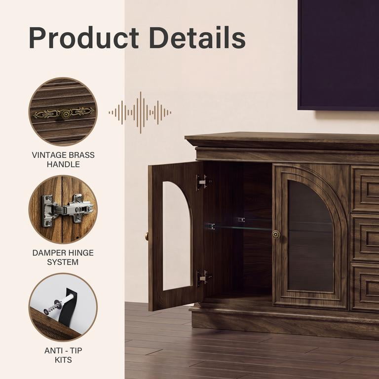 Lacoo 63'' Vintage-Style TV Stand for TVs Up to 70'' with LED Lights, Entertainment Center with Storage Cabinets and Drawers for Living Room, Dark Walnut