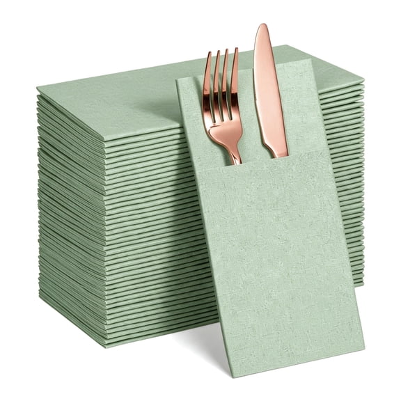 Sage Green Linen-Feel Pocket Paper Napkins (50-Pack) - Bulk Disposable Prefolded Napkins for Wedding, Birthday & Party