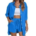 thumbnail image 3 of Feancey 2 Piece Sets for Women Summer Linen Button Sleepwear with Shorts Lounge Set Loose Fit Casual 3/4 Sleeve Pajama Two PieceBlue M, 3 of 8