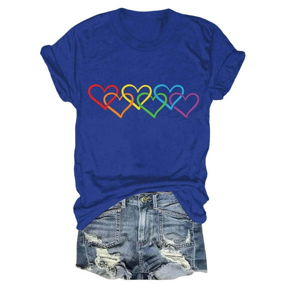 DondPO Women's T-Shirts Women's Rainbow Color Heart Casual Summer Short Sleeve Crew Neck Tee Shirts for Women Womens tops Blue L