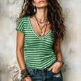 thumbnail image 6 of Feancey Pajama Tops for Women Deep V Neck Striped Casual T-Shirts Cotton Short Sleeve Lightweight Tees Cozy Soft Summer Basic Tee Top Green XXL, 6 of 8