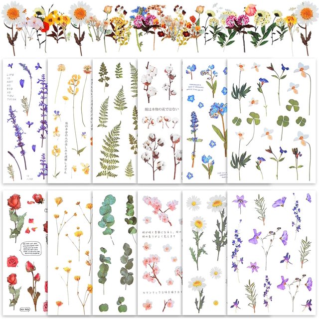 240 Pieces Cute Transparent Flower Stickers Set PET Decorative Waterproof Stickers Assorted Flower DIY Stickers for Scrapbooking, Journal, Album, Phone Case, Laptop, Card Making (Flower, Leaves)