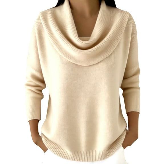 WTXUE Women's Cowl Neck Sweater Elegant Casual Soft Knit Long Sleeve Pullover Sweaters Loose Fit Top Tunic Sweaters Fall Outfits Outwear Beige L