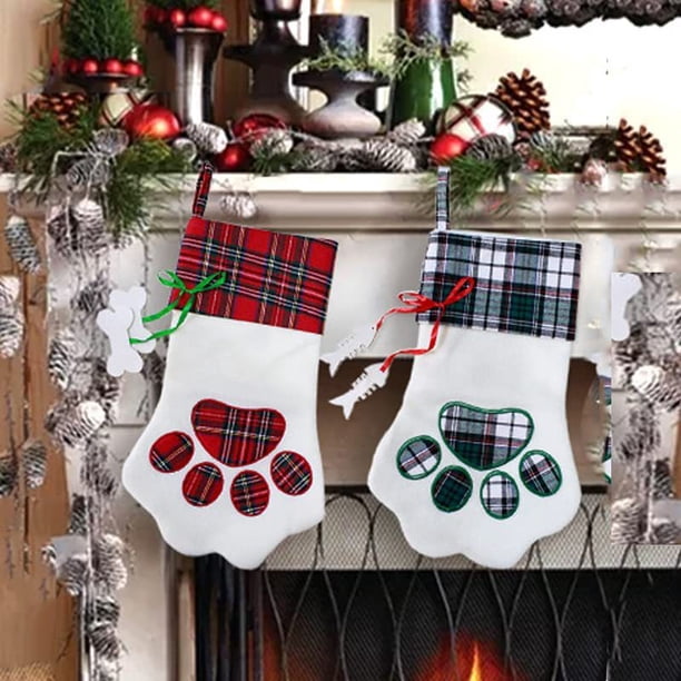 Medias de Navidad con diseño de pata de mascota para colgar en chimenea, bolsas de regalo de Navidad, bolsas para decoración de árbol de NavidadB2PCS