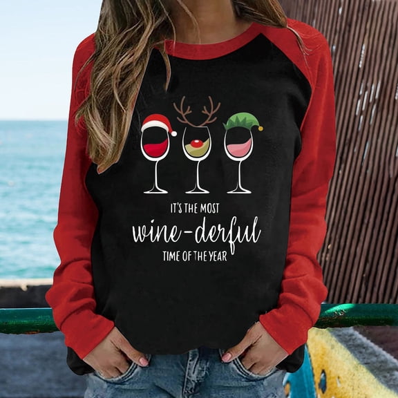 Babysbule Christmas Shirts for Women Casual Round Neck Raglan Color Matching Wine Cup Print Sleeve T-Shirt Sleeve Round Neck / Shirt Tops Fashion