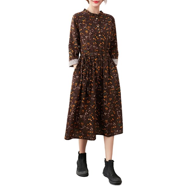 Vestido holgado con estampado floral para mujer, manga larga, cintura con cordón y bolsillos, otoño