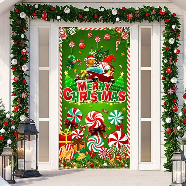 Adornos navideños Whoville Puerta navideña de ancho de tela de poliéster Decoración navideña y de Año Nuevo Cortina navideña para puerta Decoración navideña 90*200cm Decoraciones de oficina de Grinch