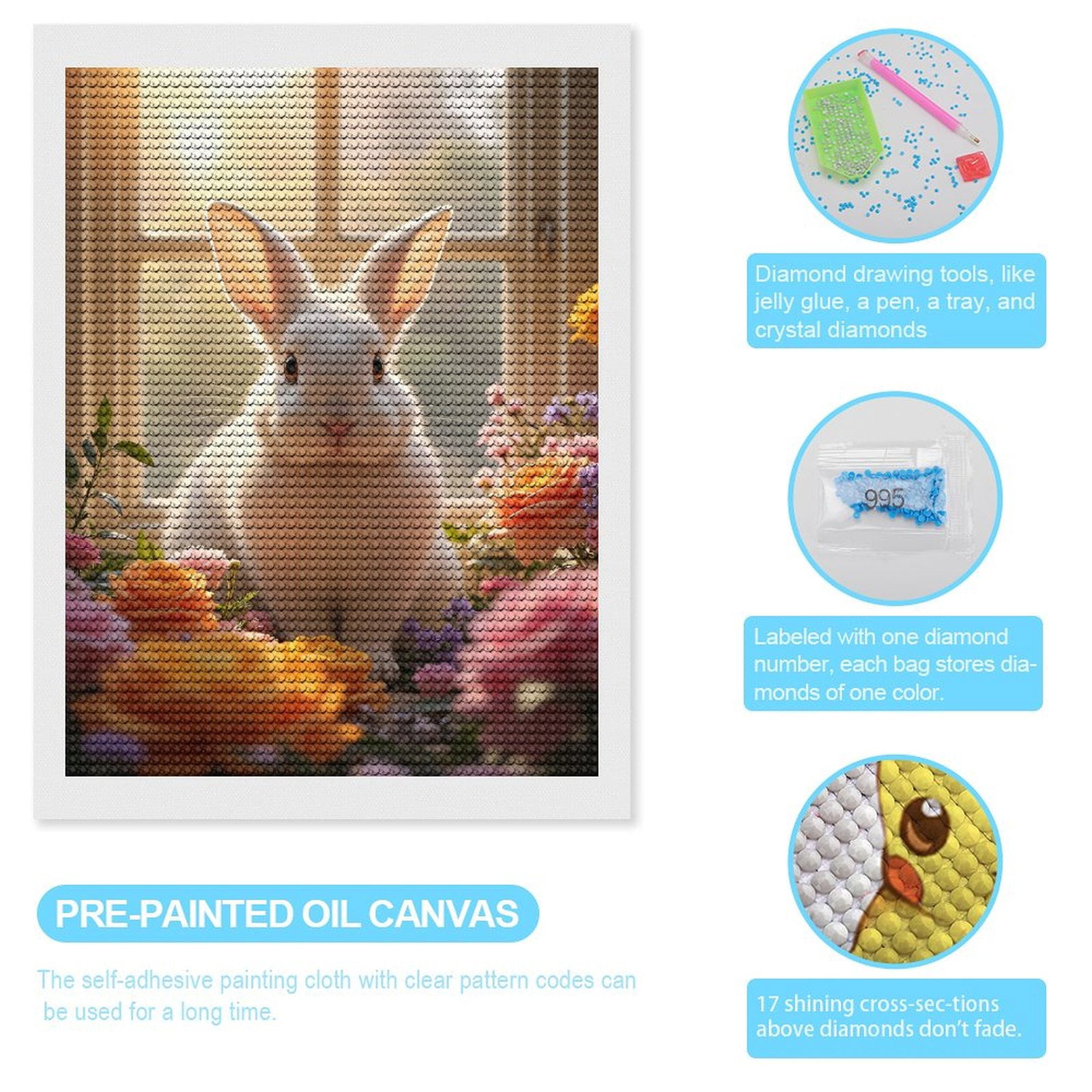 Diamond Art Kits for Adults, Bunny Among Vibrant Spring Blossoms 5D Diamond Painting Kits for Adults Beginners, DIY Full Drill Diamond Painting, Gem Art and Crafts 12x16