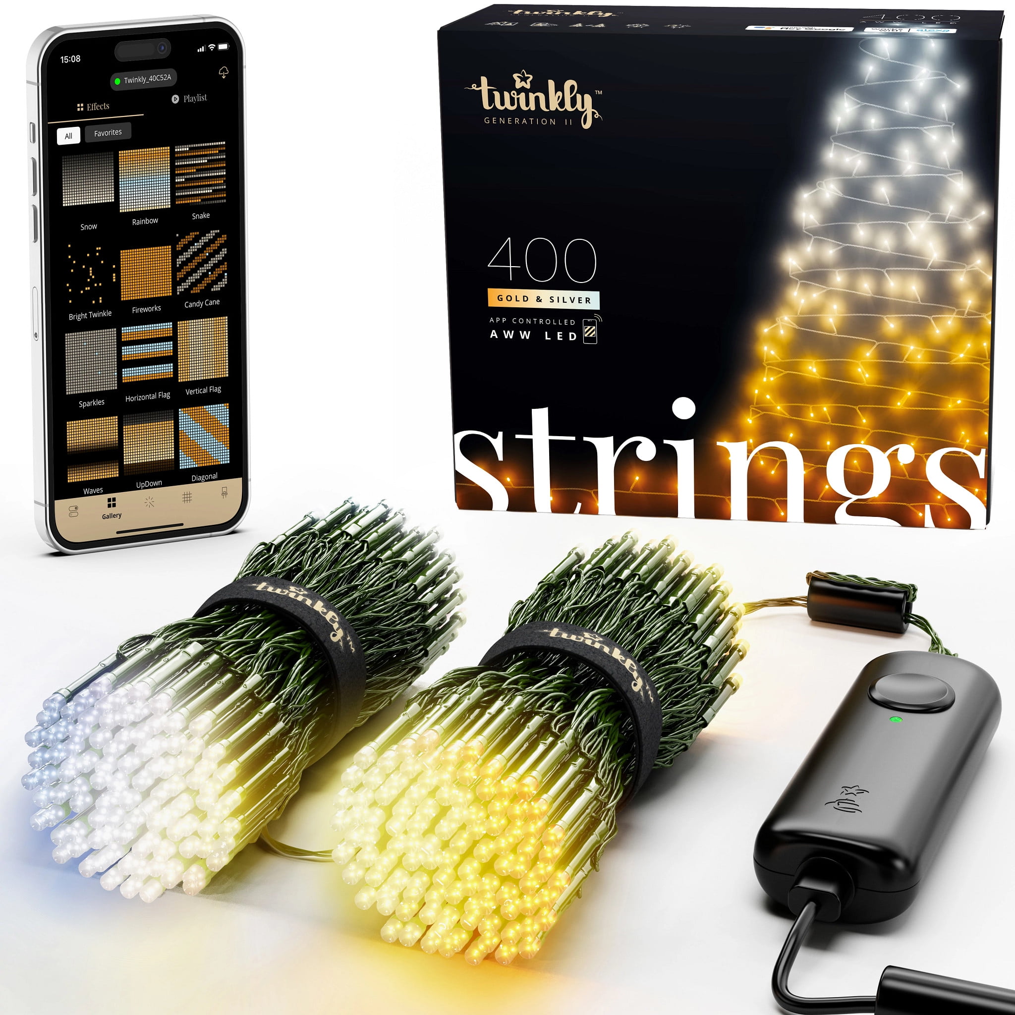 Twinkly Strings – App-Controlled LED Lights with 400 AWW (Amber, Warm White, Cool White) LEDs. 105 feet. Green Wire. Indoor and Outdoor Smart Lighting Decoration - Walmart.com