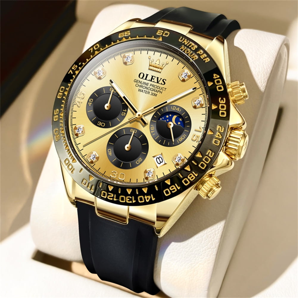 OLEVS Watches for Men Chronograph Multifunction Sport Silicone Luxury Dress Diamond Moon Phase Quartz Male Watch Waterproof Mens Wrist Watches Reloj para Hombre,Gold/Black/White/Blue/Grey Dial