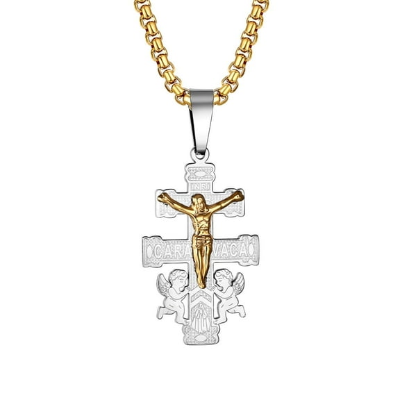 OIDEA Religious Caravaca Double Cross Crucifix Pendant Necklace Stainless Steel Silver Gold for Christmas Easter