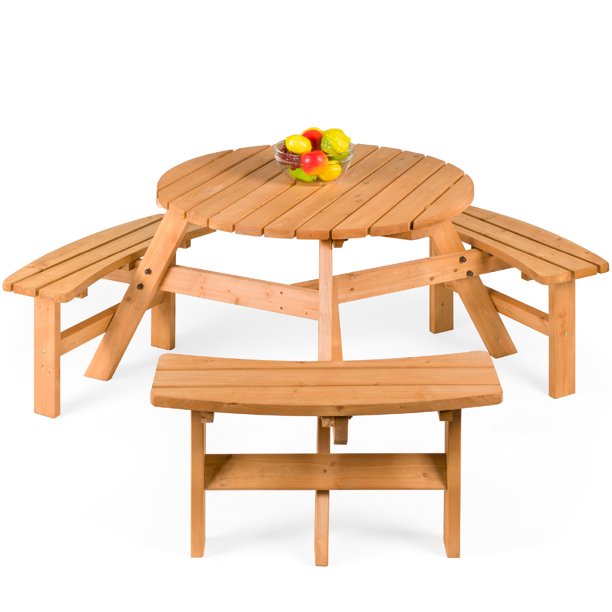 Best Choice Products 6 Person Circular Outdoor Wooden Picnic Table W 3 Built In Benches Umbrella Hole Natural Walmart Com Walmart Com