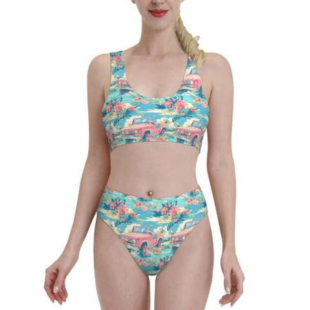 High Waisted Bikini Sets For Women  Pink Suv Car Flower Swimsuits Tummy Control  Two Pieces Bathing Suit