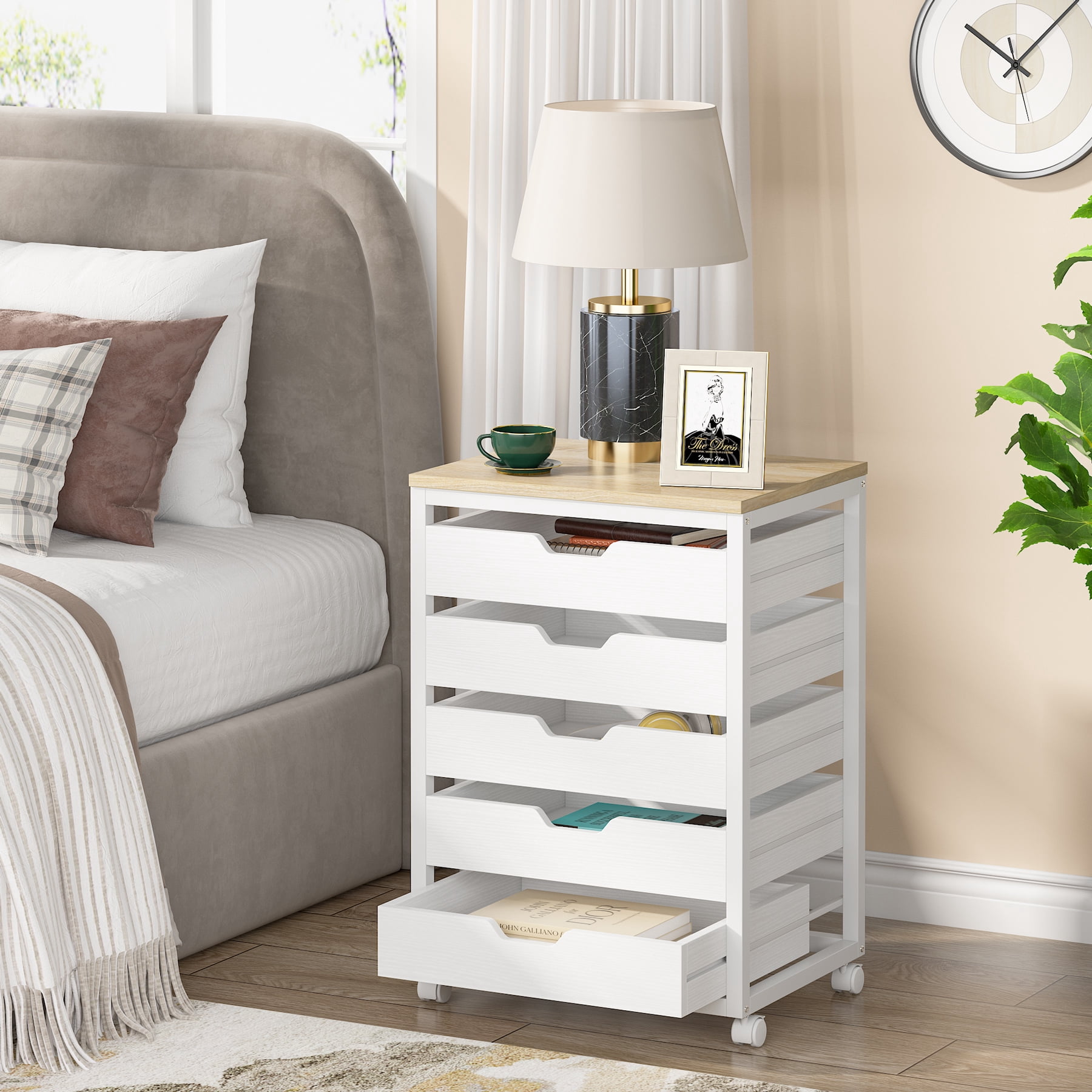 Tribesigns 5 Drawer Chest, Wood Storage Dresser Cabinet with Wheels, Industrial Storage Drawer Organizer Cart for Office Bedroom Entryway, White