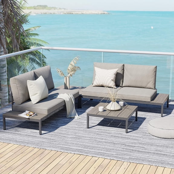 GRANDPATIO Outdoor Sectional Sofa Set, All-Weather Aluminum Frame Conversation Set with Cushion & Woodgrain Built-in Side Coffee Table, 4-Piece Modern Furniture Set for Poolside, Backyard, Deck