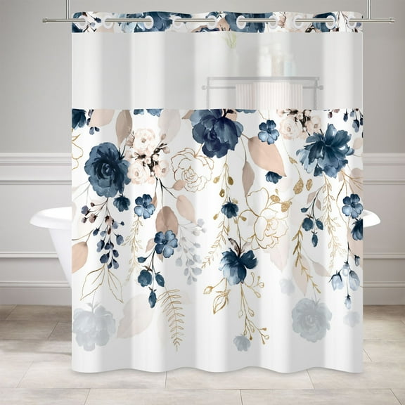 Mizhona Blue and Gold Floral Hookless Shower Curtain with Snap in Liner，No Hooks Shower Curtain,71"× 74"