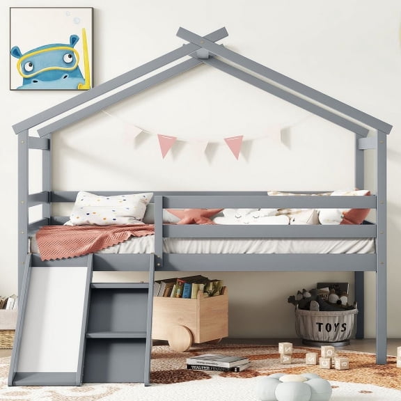 DreamBuck Twin Low Loft Bed with Slide, Wood House Loft bed fors with Full-Length Guardrail, House Shaped Roof, Easy Assembly, Gray