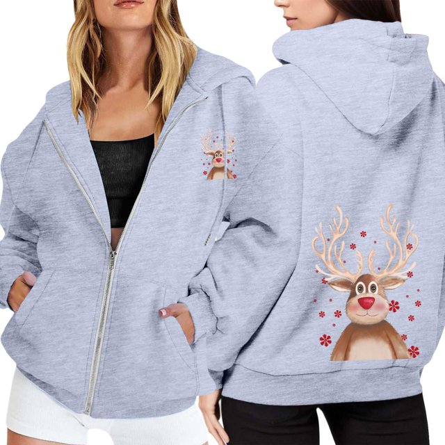 WILLBEST Sudadera Deportiva para Mujer Ladies' Christmas Printed Zipper Long Sleeved Pocket Adjuststring Casual Hooded Sweatshirt 2043 X-Grande