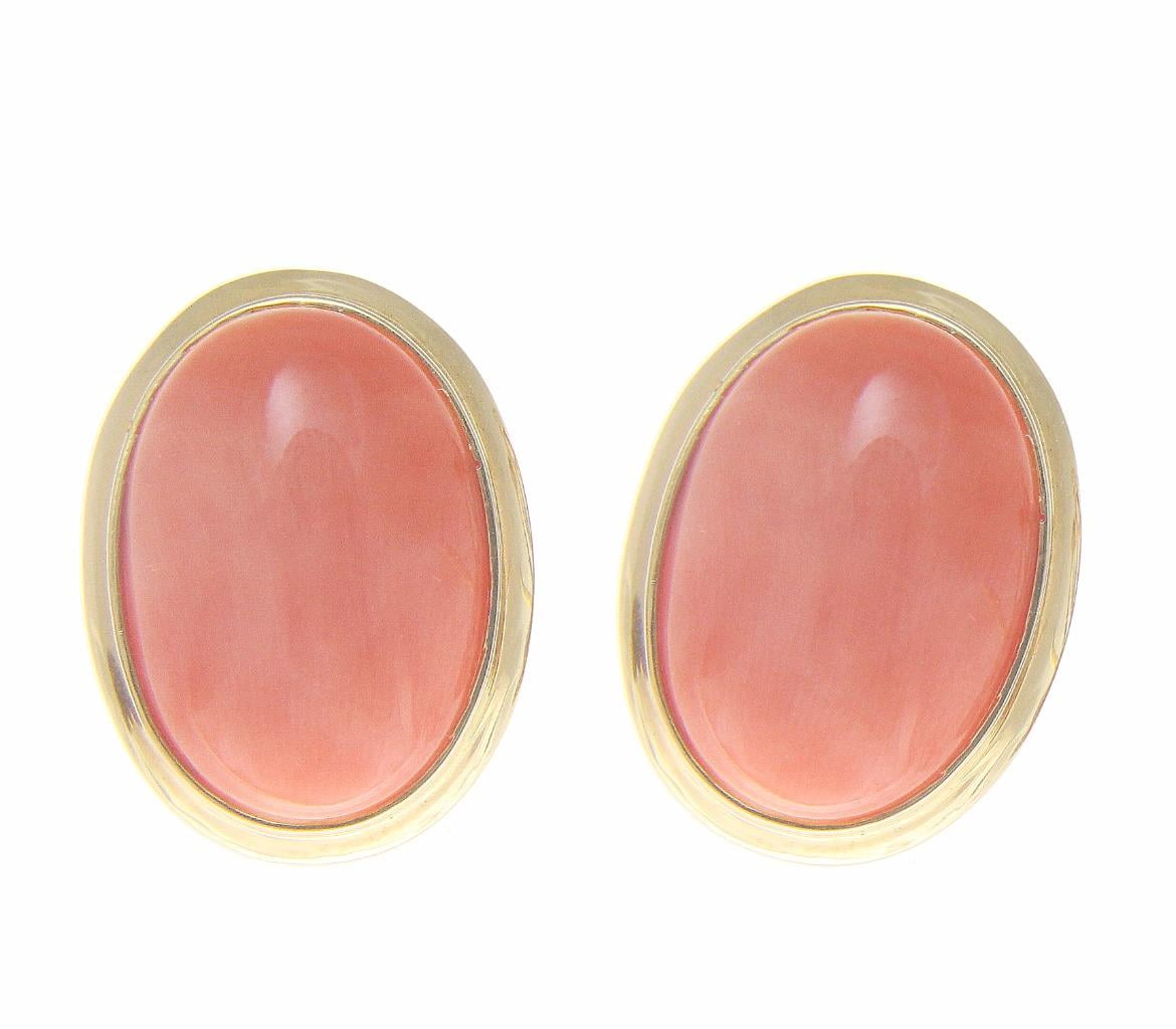 Genuine natural oval cabochon pink coral earrings omega backs 14k yellow gold by