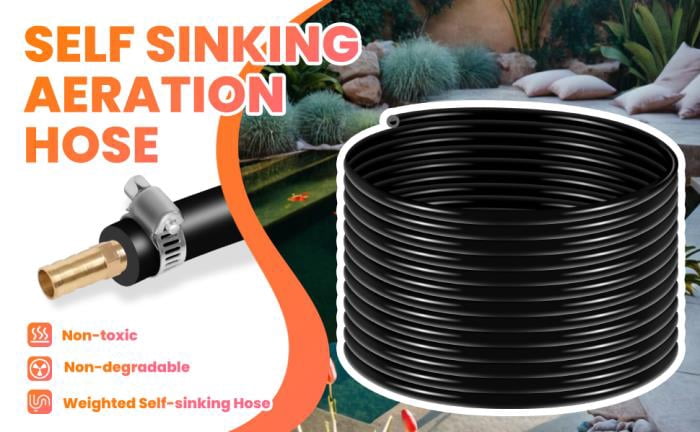 Self-Sinking Weighted Pond Aerator Hose Set (with Stainless Steel Clips & Copper Repairers), Black Fabric High Pressure Leak-Proof Garden Watering Hose, Lightweight and Portable, No Kinks