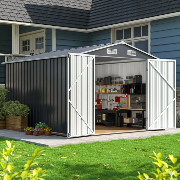 POLAHAKU 10 x 12 FT Outdoor Storage Shed with Thickened Metal Panel and Lockable Door for Garden, Patio, Backyard