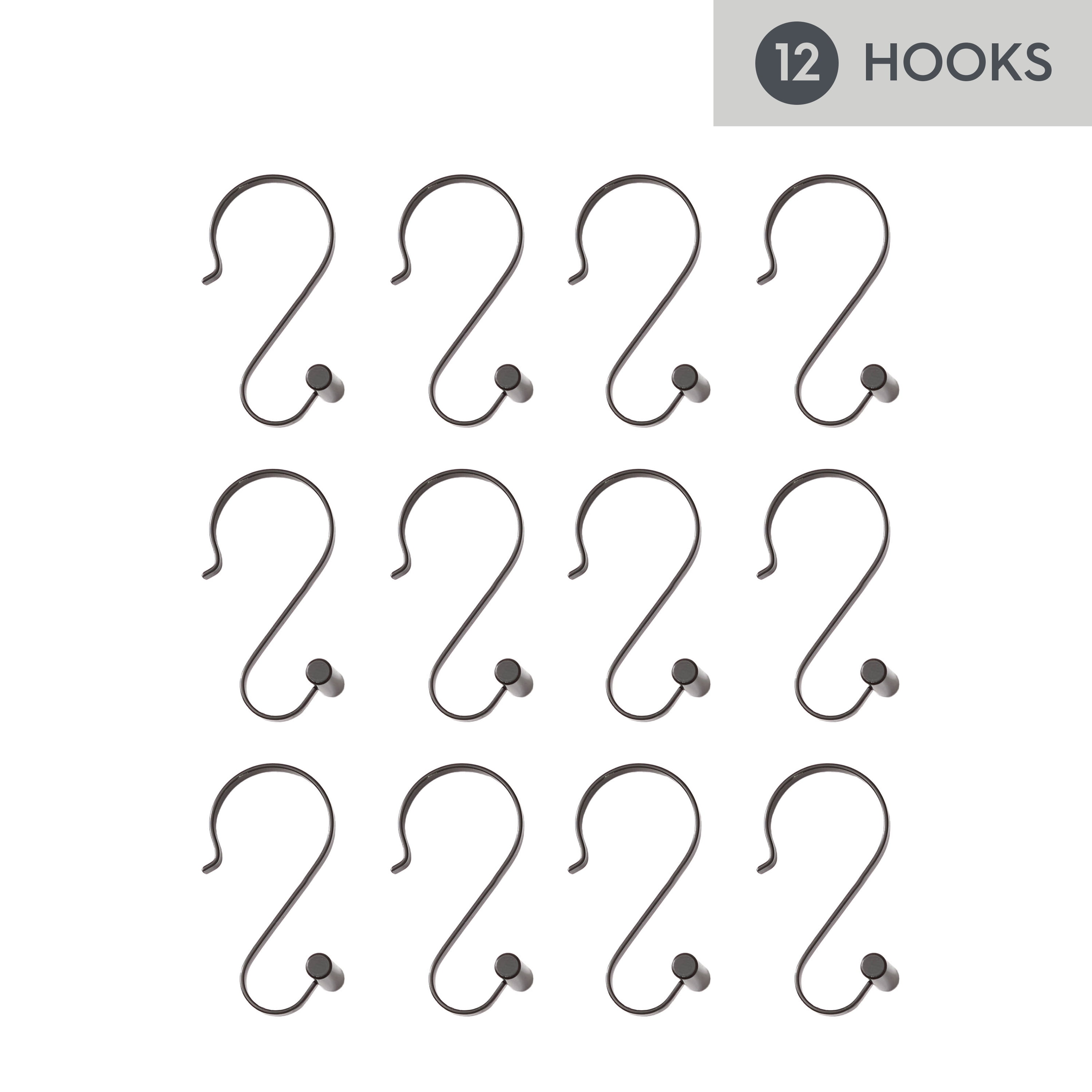 (3 pack) Better Homes & Gardens S-Shape Rustproof Stainless Steel Shower Hooks with T-Bar Ends, Black, 12