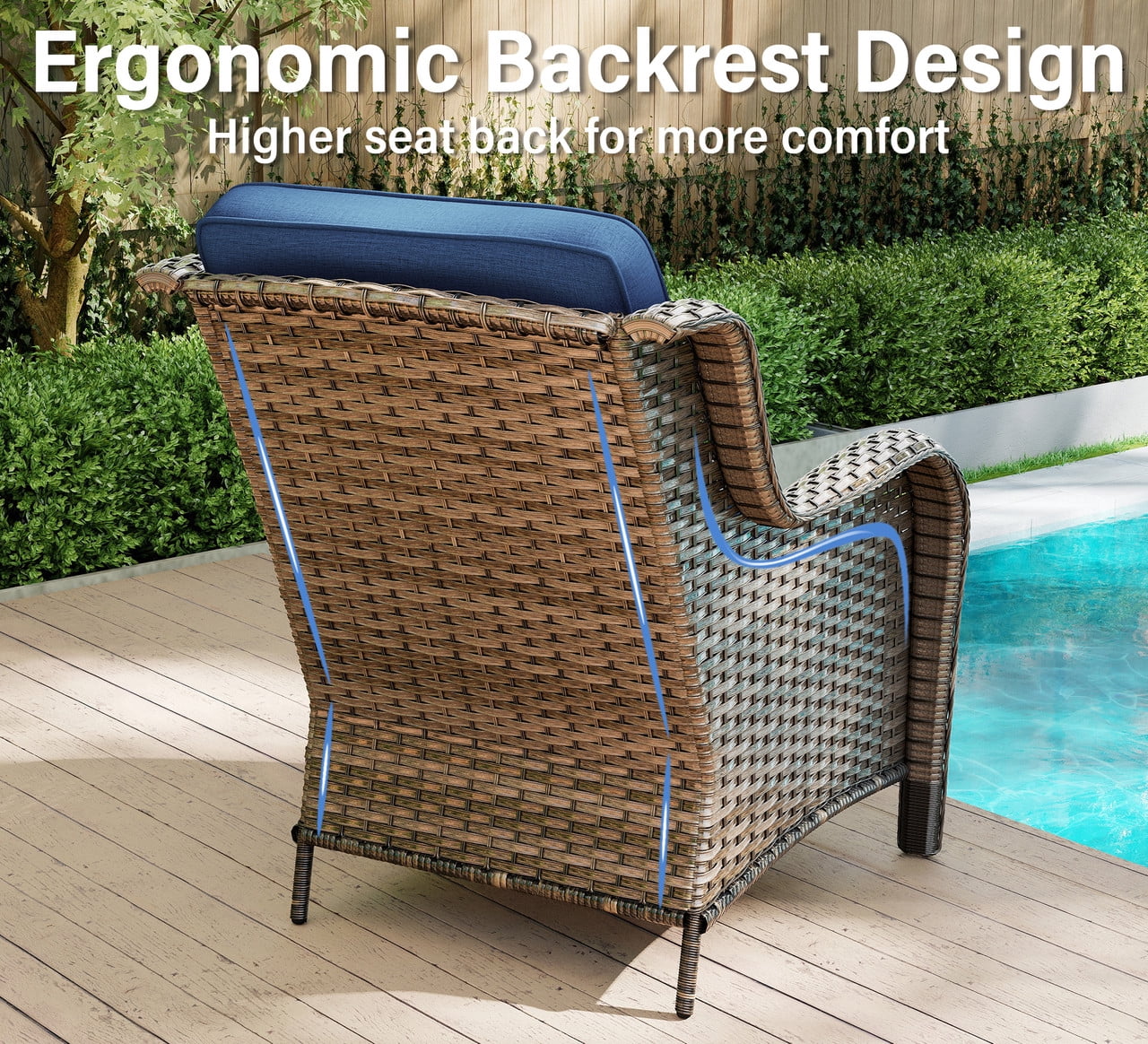 Meetleisure 6 Piece Wicker Patio Furniture Set, Rattan Chairs with High Back, Deep Seating, Wide Armrest, Thick Cushions for Deck Porch, Dark Blue