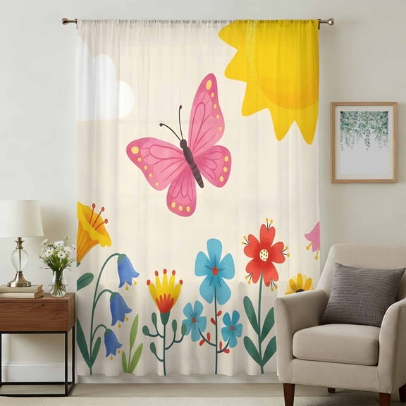 Spring Flowers Sheer Curtains 96 Inches Long for Living Room, Cartoon Watercolor Sun Butterflies Light Filtering Privacy Drapes, Breathable Semi Sheer Window Treatment for Bedroom Dining Room