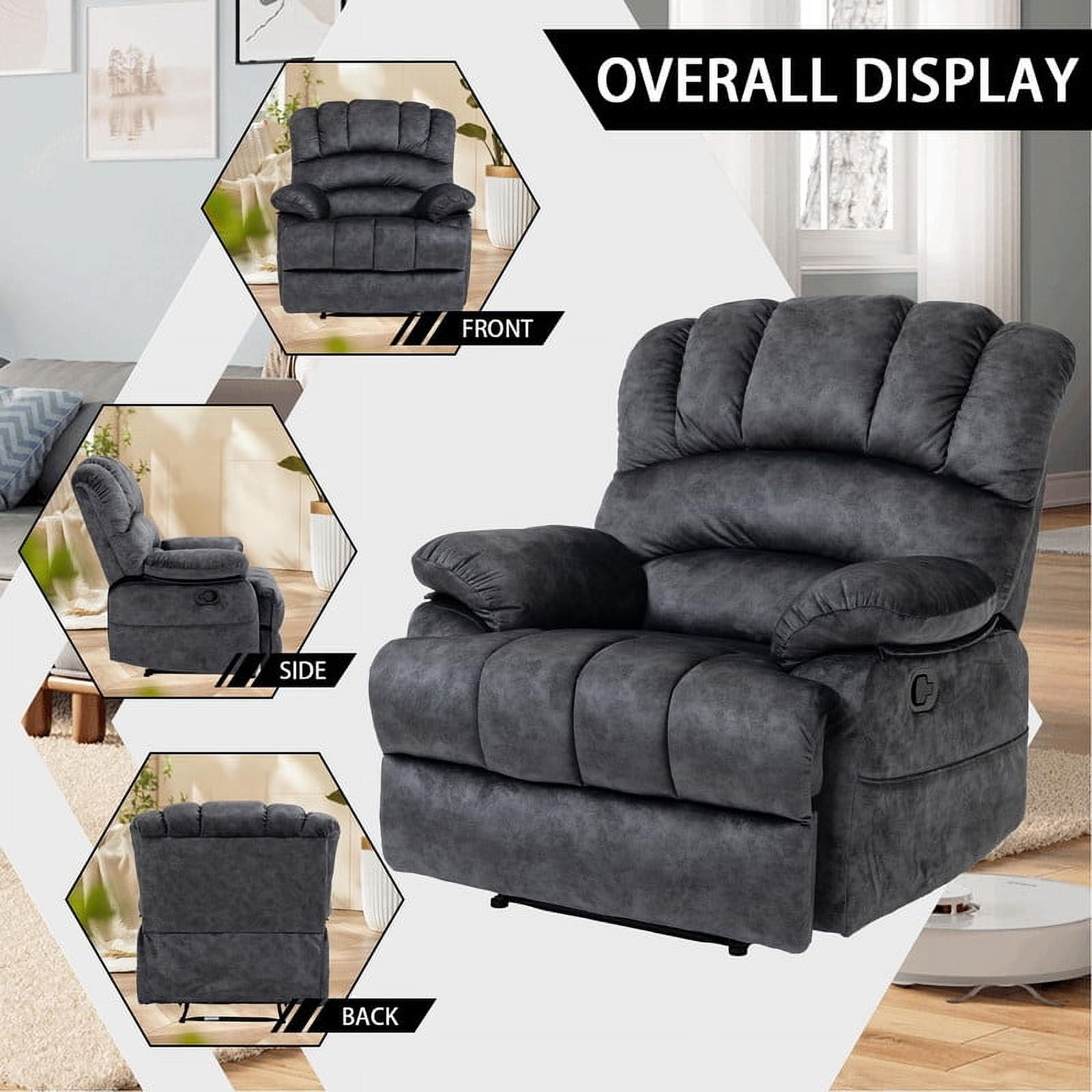 Extra Large Manual Recliner Chair for Comfortable Seating - 40" Wide, Overstuffed Arm and Backrest, Ideal for Living Room, Bedroom, Home Theater