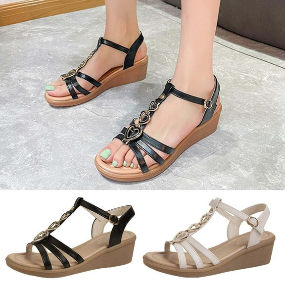 Kmdttou Shoes for Women Fashion Wedge Sandals Heart Decoration Thick Bottom Solid Color Buckle Sandals With Comfortable Plantar Fasciitis Arch Support(Size:35-40)