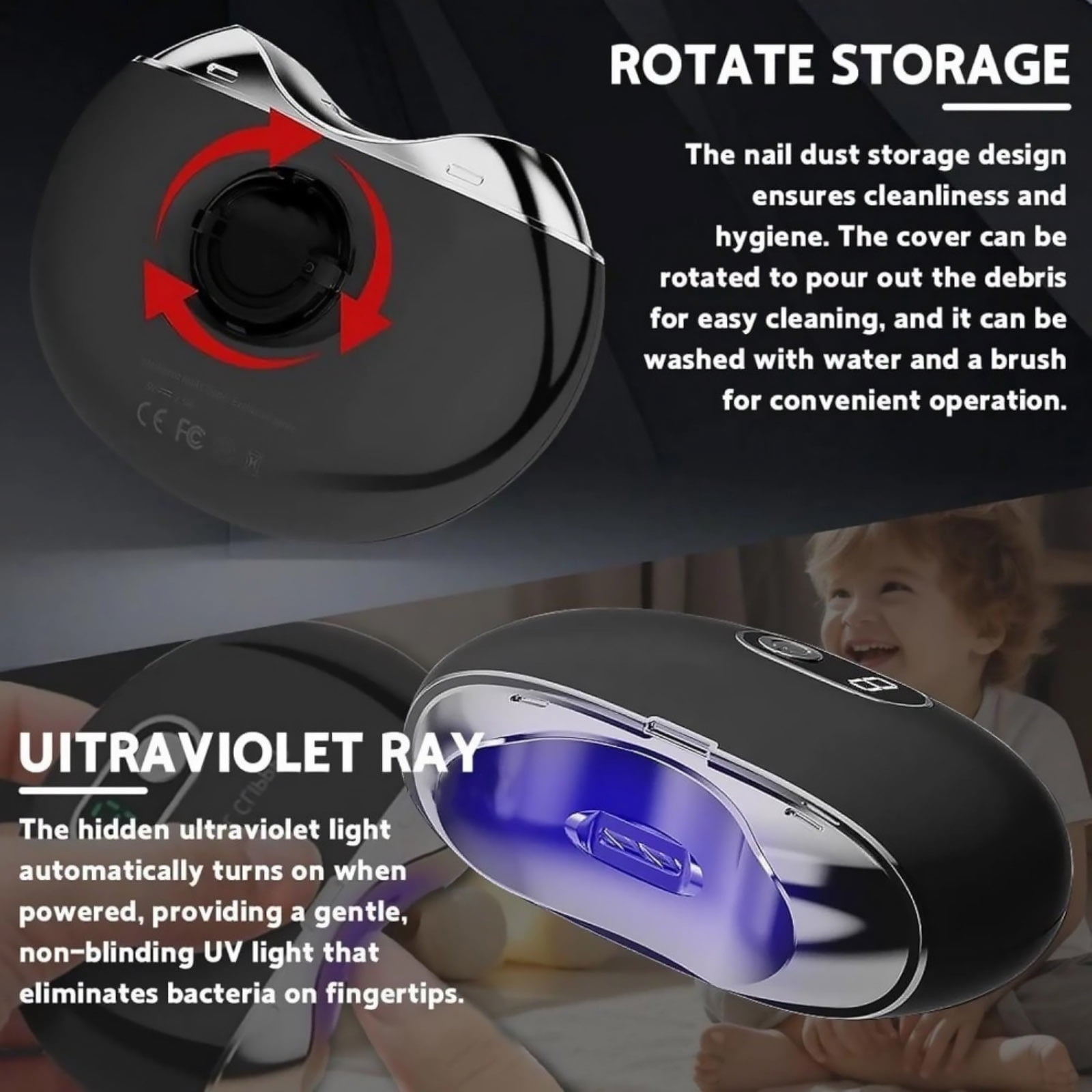 JIAHAOO Portable Electric Nail Clipper 5V Type-C Fast Charging Safety Hidden Blade For Baby Adult Elderly Nail Trimming