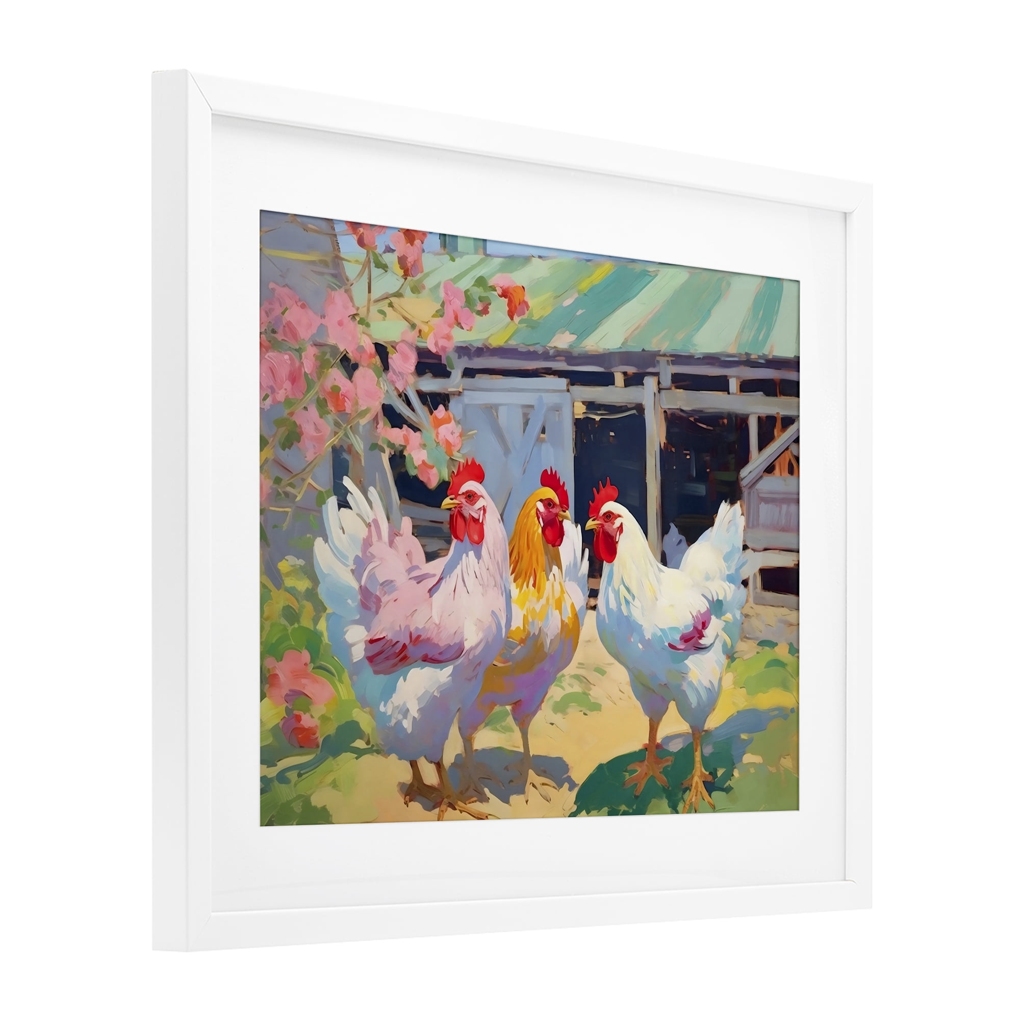 Stupell Industries Colorful Chickens in Sunlit Yard White Framed Print Under Glass, design by Creative Studio