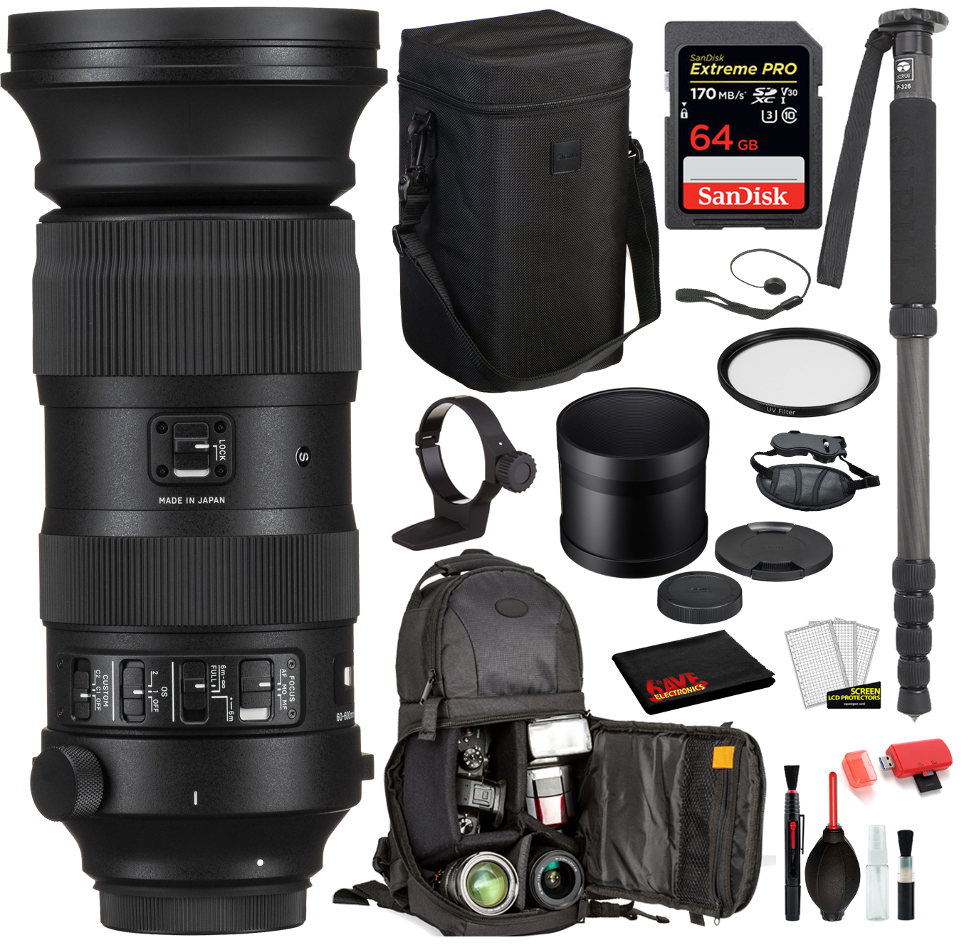 Sigma 60-600mm f/4.5-6.3 DG OS HSM Sports Lens for Canon EF Bundle