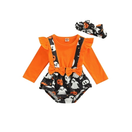 

Gureui Toddler Baby Girls Halloween Romper Clothes Fake Two Piece Patchwork Long Sleeve Bows Cartoon Pattern Print Jumpsuit with Headband