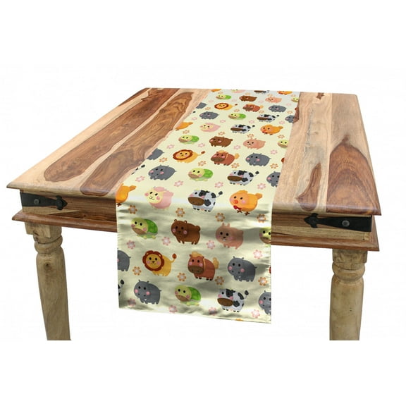 Nursery Table Runner, Animals with Simplistic Art Design Lion Bear Bunny Cow with Flowers, Dining Room Kitchen Rectangular Runner, 3 Sizes, by Ambesonne
