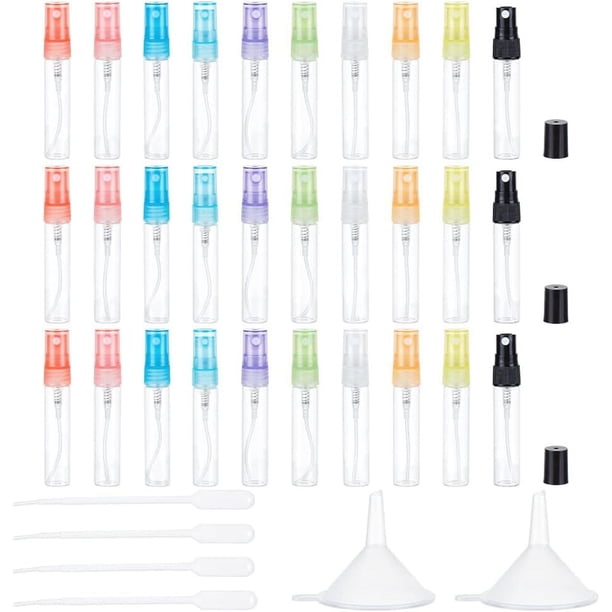 30 frascos de vidrio con atomizador de 5 ml (0,17 oz) en 10 colores, recargables, vacíos, con 2 embudos y 4 goteros.