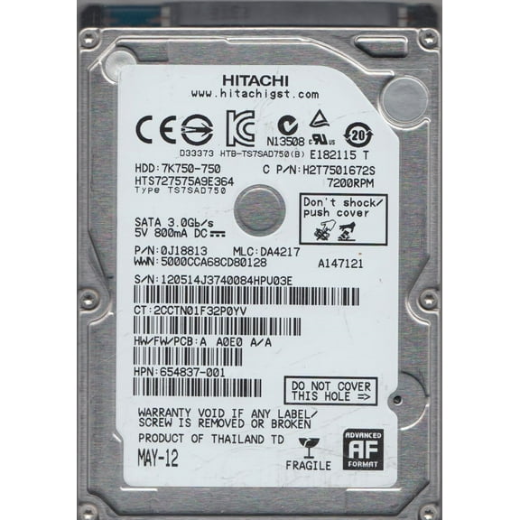 HTS727575A9E364, PN 0J18813, MLC DA4217, Hitachi 750GB SATA 2.5 Hard Drive