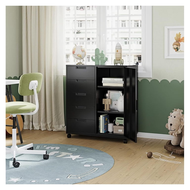 WDZS 5 Drawer Storage Cabinet, Mobile Printer Stand for Home Office,Dresser Chest with Shelves and Door(Black) WDZS 5 Drawer Storage Cabinet, Mobile Printer Stand for Home Office,Dresser Chest with Shelves and Door(Black)