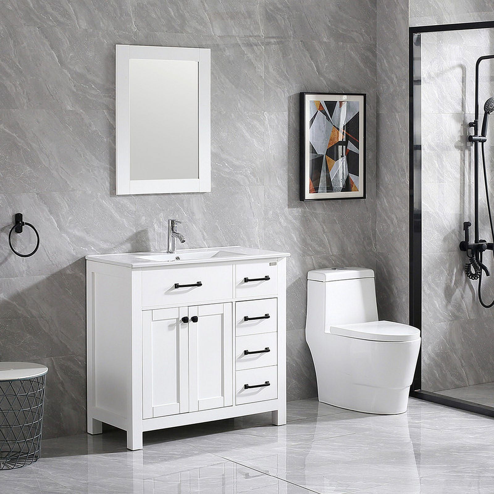 Wonline 36" Luxurious Bathroom Vanity with Sink Top,Modern Bathroom Vanities with 2-Door and 5 Drawers Cabinet,Undermount Ceramic Sink,White