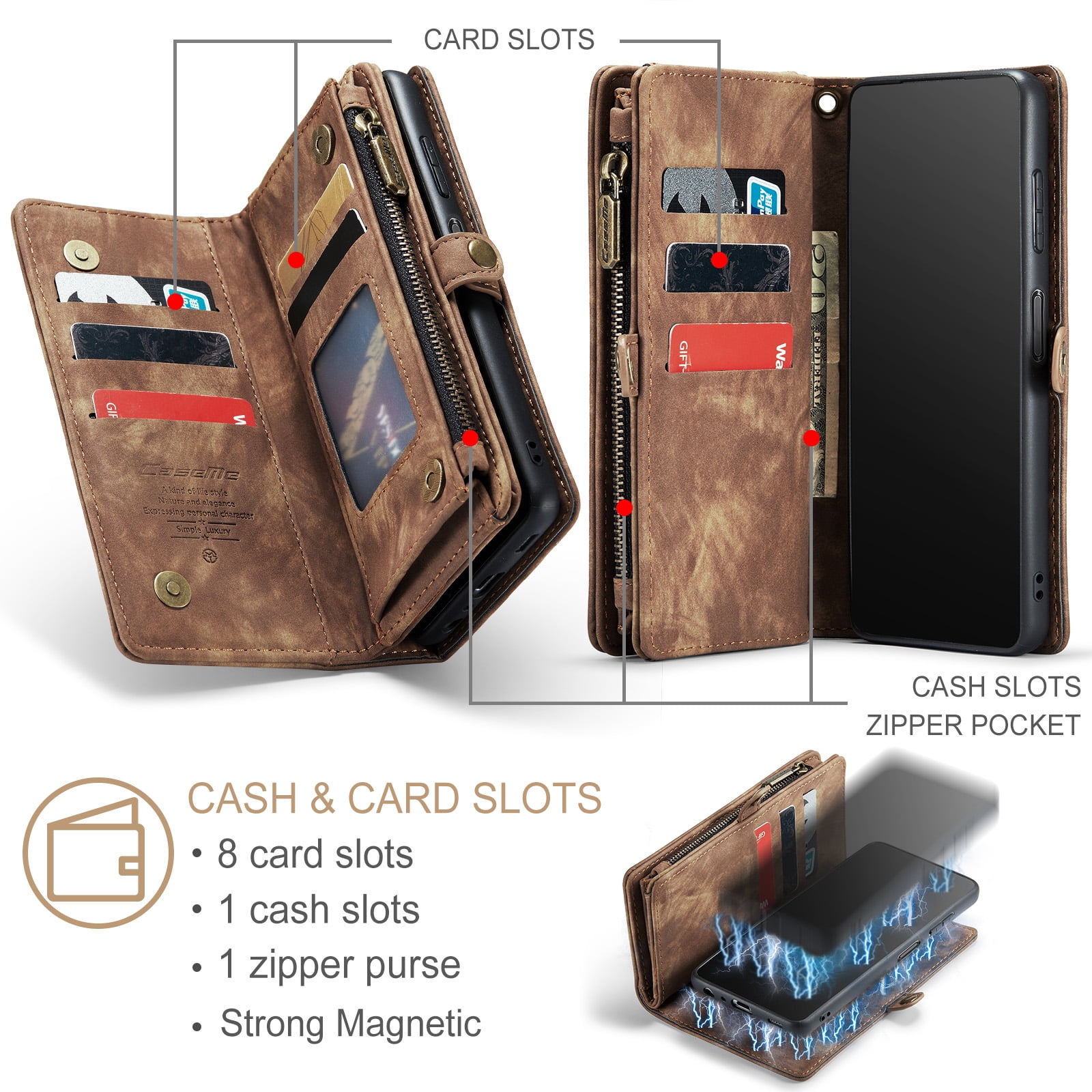 for Samsung Galaxy A16 5G/4G Premium PU Leather Folding Case, Multiple Card Slots Design, Wrist Strap Zipper Pocket Kickstand Magnetic Snap, Wireless Charging for Samsung Galaxy A16 5G/4G, Darkbrown