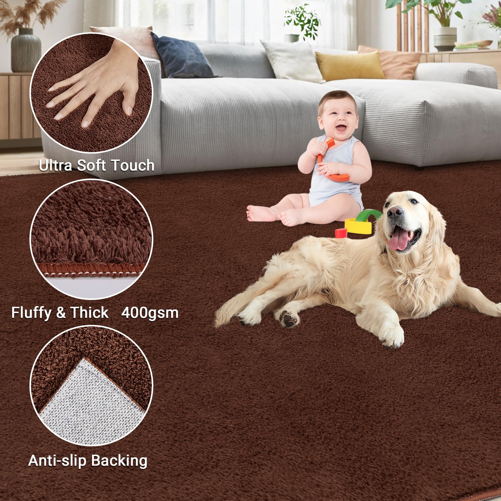 Memoryfield Ultra Soft Area Rug, 5'x7' Fluffy Non Slip Carpet for Living Room Bedroom Home Decor, Brown